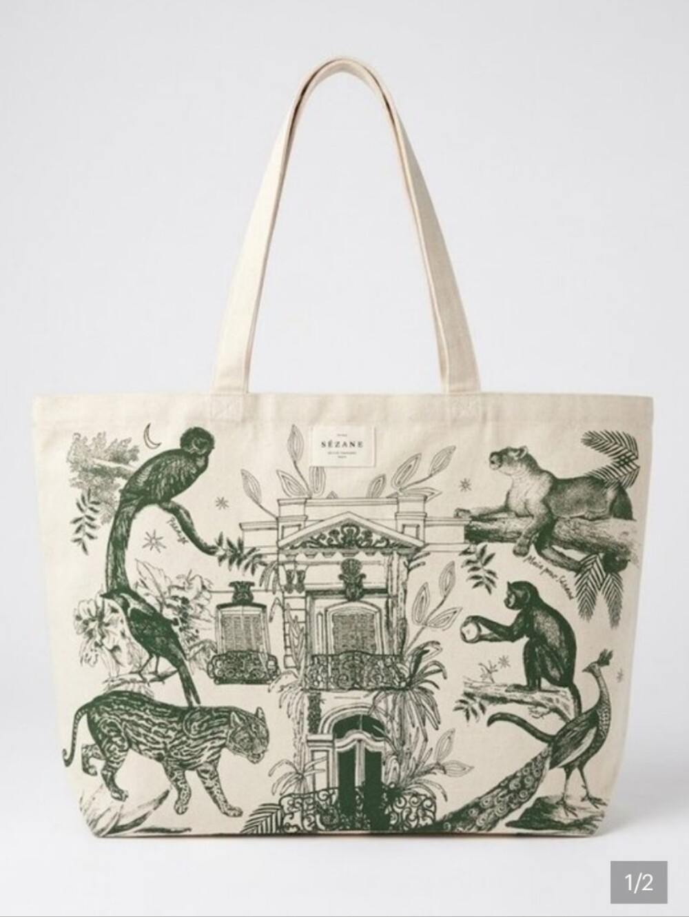 Sezane Green Printed Paraiso Canvas Tote Bag